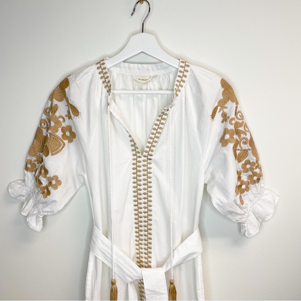 Julia Amory Short Sleeve Coatue Caftan Camel Embroidered Midi Dress - Picture 4 of 11